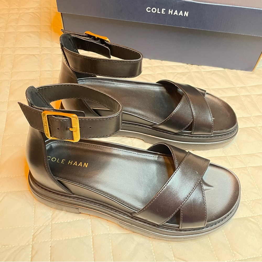 Cole Haan Black Leather Crisscross Ankle Strap Sandals with Gold Buckle - Picture 5 of 11